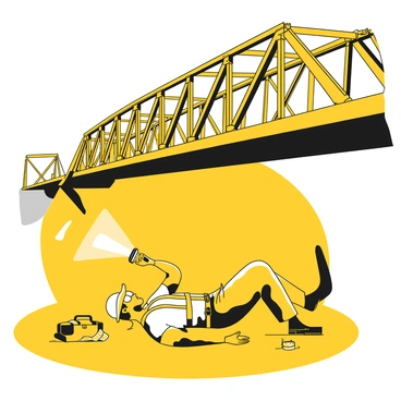An engineer is lying on their back, inspecting the underside of a large steel bridge. They are wearing a hard hat and safety goggles. In one hand, the engineer holds a flashlight, illuminating the metallic structure above with a focused beam of light. The steel beams and cables of the bridge are visible, showcasing their intricate design. Surrounding the engineer are tools and equipment, such as a toolbox and a measuring tape, placed carefully on the ground nearby. The scene captures a moment of careful examination under the bridge.