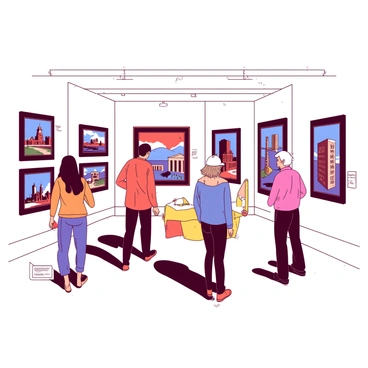 An art gallery interior features multiple walls displaying various paintings inspired by the "Missouri Compromise." Each painting is framed in a simple black frame, highlighting the vibrant colors within. The gallery has polished wooden flooring, and soft lighting illuminates each piece. Visitors of diverse backgrounds are viewing the paintings, engaging in conversation about the historical themes represented. A small white placard stands next to each artwork, providing information about the artist and the significance of the piece. The overall atmosphere is one of appreciation and reflection on the historical context.