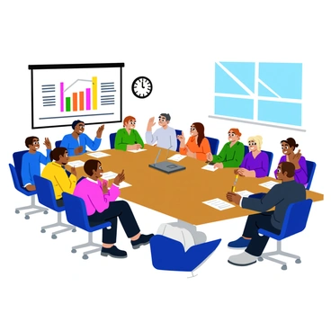 A large conference room filled with diverse individuals sitting around a rectangular table. Each person has a nameplate in front of them, displaying their titles and names. In the center of the table, there is a stack of documents labeled "Budget Proposal" in bold letters. A projector screen at the front of the room displays a colorful chart illustrating budget allocations. Several people are taking notes, while others are engaged in animated discussions. A clock on the wall shows the time as 3:15 PM, and a window lets in natural light, highlighting the seriousness of the meeting. "Budget for Emergency Services" is prominently displayed on the projector screen.