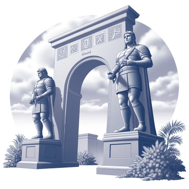 Two massive stone statues standing at the entrance to a forbidden city. Each statue depicts a fierce warrior with intricate armor and a stern expression, holding a large weapon. The statues are positioned on either side of a grand archway that leads into the city. The archway is adorned with carved patterns and symbols, hinting at ancient secrets. Surrounding the entrance are lush, overgrown plants that suggest neglect and mystery, adding to the imposing atmosphere of the scene. The sky above is filled with dark clouds, creating a dramatic backdrop for the towering statues.
