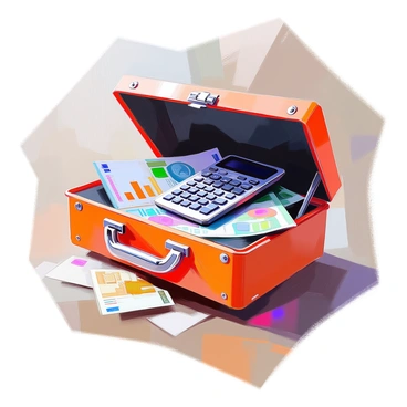 An open toolbox rests on a wooden surface, filled with various financial instruments. Inside the toolbox, a sleek calculator sits prominently, surrounded by scattered banknotes in different denominations. Colorful graphs and charts, depicting financial trends, lay neatly arranged alongside the banknotes. The toolbox itself is made of sturdy metal with a bright red finish, and the interior is lined with black foam to securely hold each item in place. The scene conveys a sense of organization and readiness for financial planning.