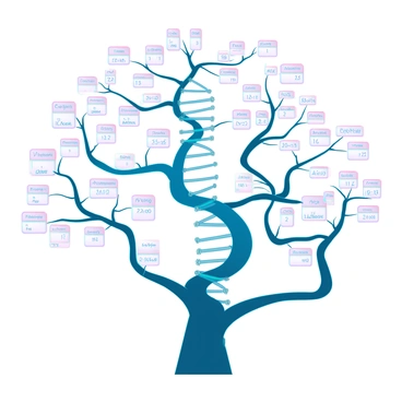 A detailed family tree with each branch represented by intertwining DNA strands. The strands are made of vibrant colors, showcasing different hues for each lineage. The DNA branches extend outward, creating a dynamic structure that symbolizes the connections between family members. At various points along the strands, there are tags featuring names and dates of birth, enhancing the visual representation of ancestry and heritage. The background is minimalist to ensure the focus remains on the intricate design of the DNA branches and the information displayed.