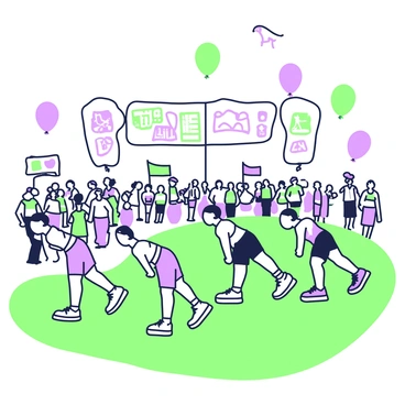 A group of participants is engaged in doing burpees on a large grassy area during a sports festival. They are dressed in colorful athletic wear, showcasing various designs. Above them, there are multiple banners displaying different sports activities, flapping gently in the breeze. Balloons in a variety of shapes and sizes are floating in the sky, adding to the festive atmosphere. In the background, a crowd of spectators is watching with enthusiasm, some holding signs of support. The scene captures the energy and excitement of the event.