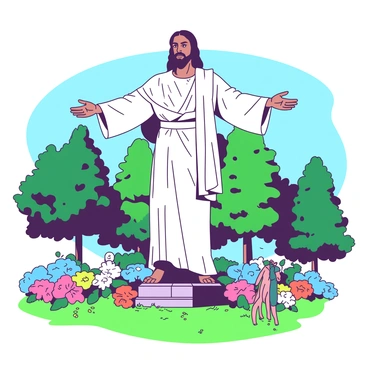 A large statue of a person with open arms stands proudly in a vibrant park. The statue is made of a smooth, textured material, showcasing intricate details on the face and clothing. Surrounding the statue are colorful flowers in full bloom, adding life to the scene. Bright green grass carpets the ground, and tall trees provide gentle shade. In the background, a clear blue sky is visible, creating a serene atmosphere. The statue serves as a symbol of unity and acceptance, inviting visitors of all faiths to gather and reflect.