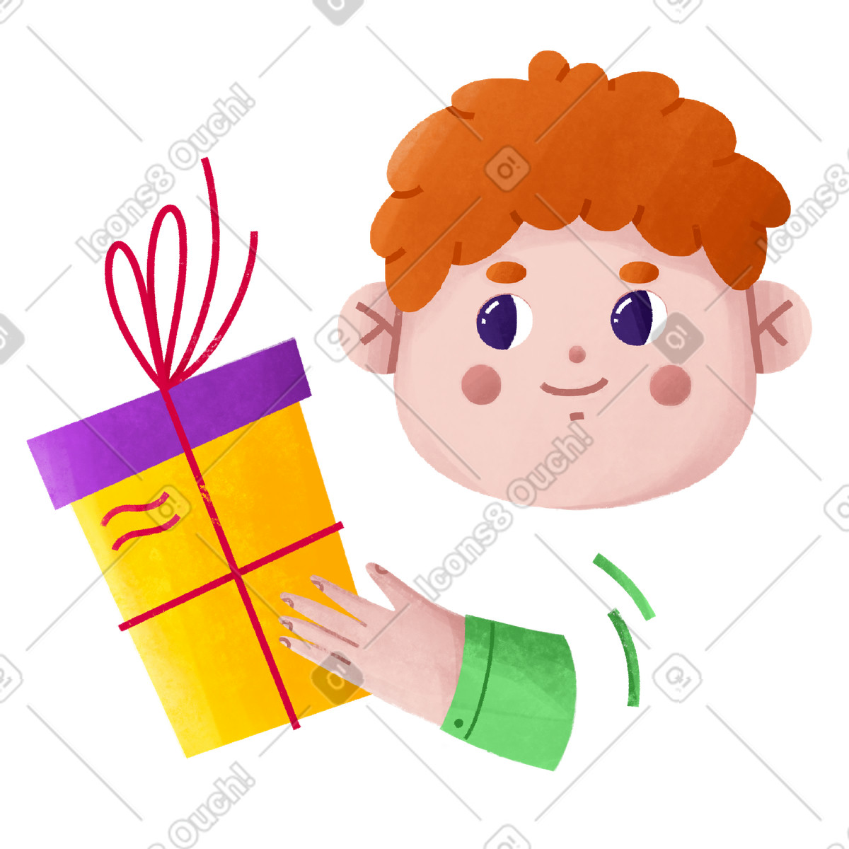 Illustration Un homme roux sourit et tient cadeau dans sa main. le style Bonbon à télécharger aux formats PNG, SVG
