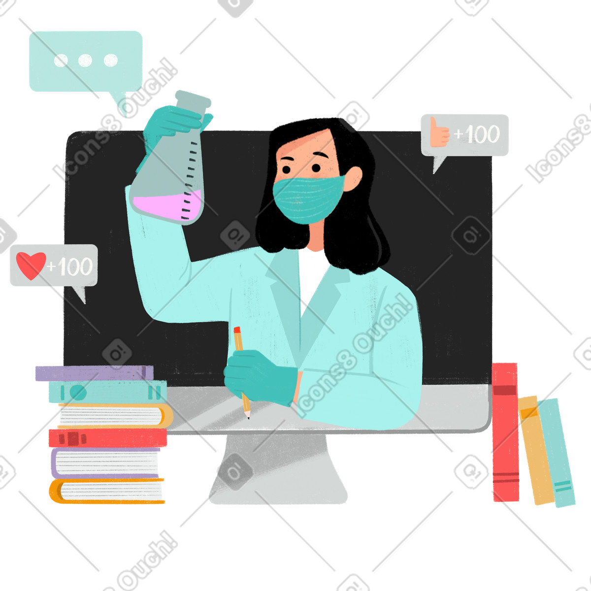 Woman studying science and teaching others online illustration in Experimental style download in PNG, SVG