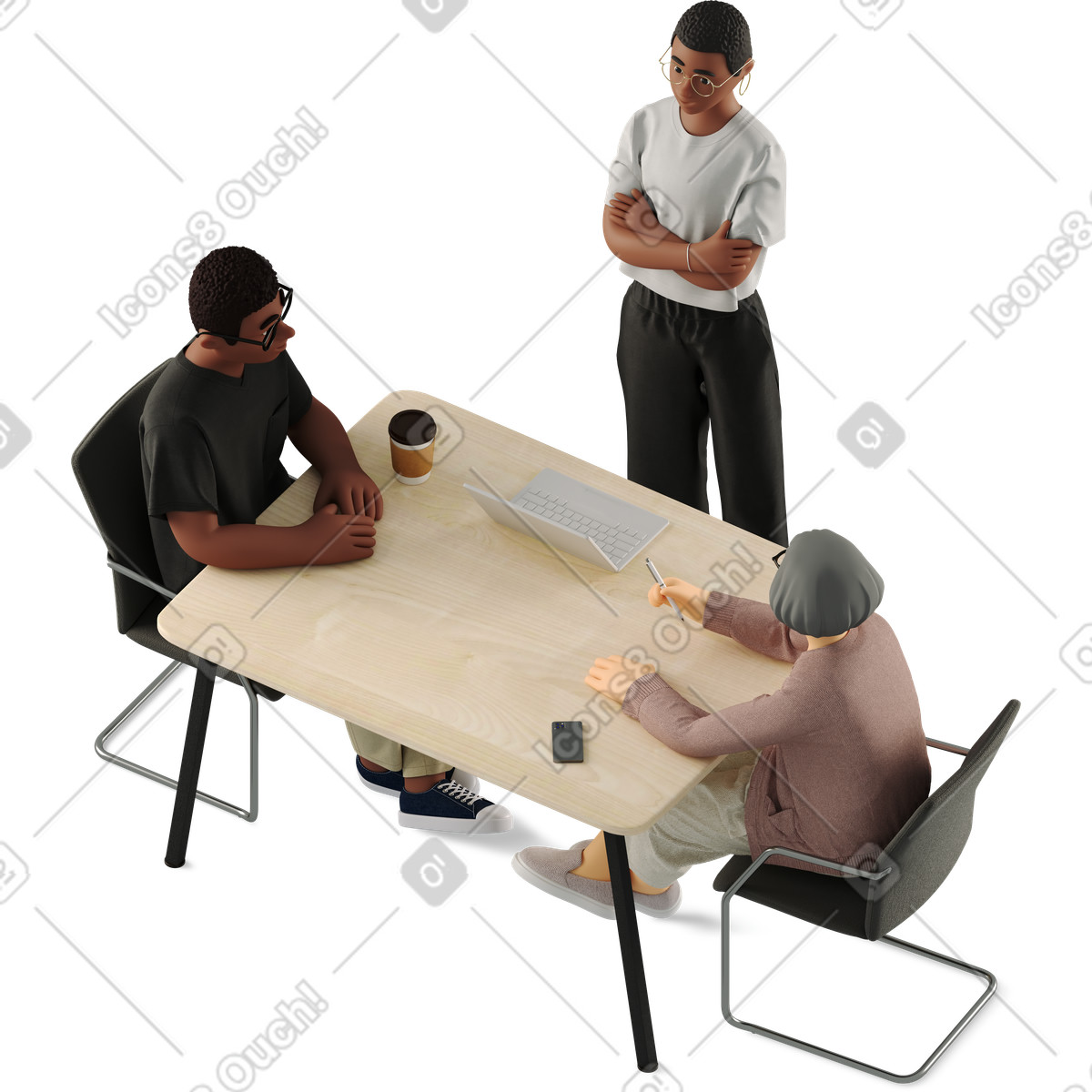 Three people discussing a work project illustration discussion clipart graphics vectors