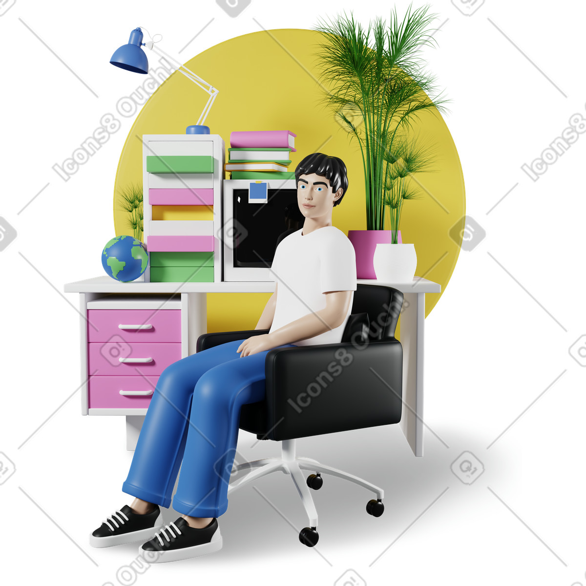 Uomo seduto in ufficio illustrazione in stile 3D Plastic people scarica in PNG, SVG