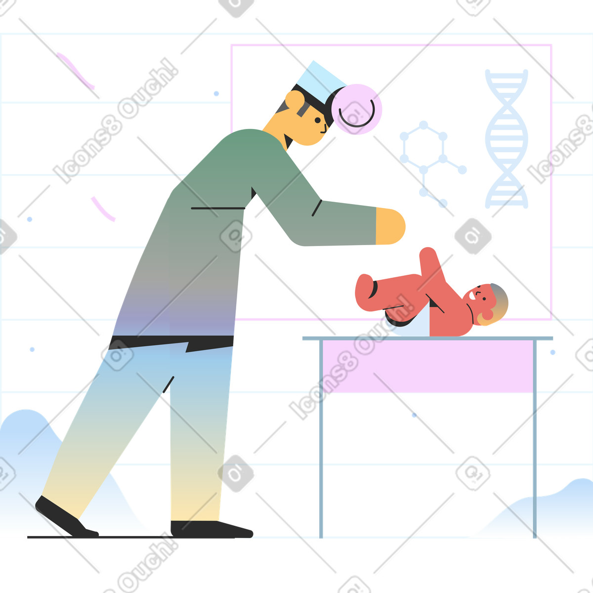 Pediatrician examining a baby illustration in Marginalia style download in PNG, SVG