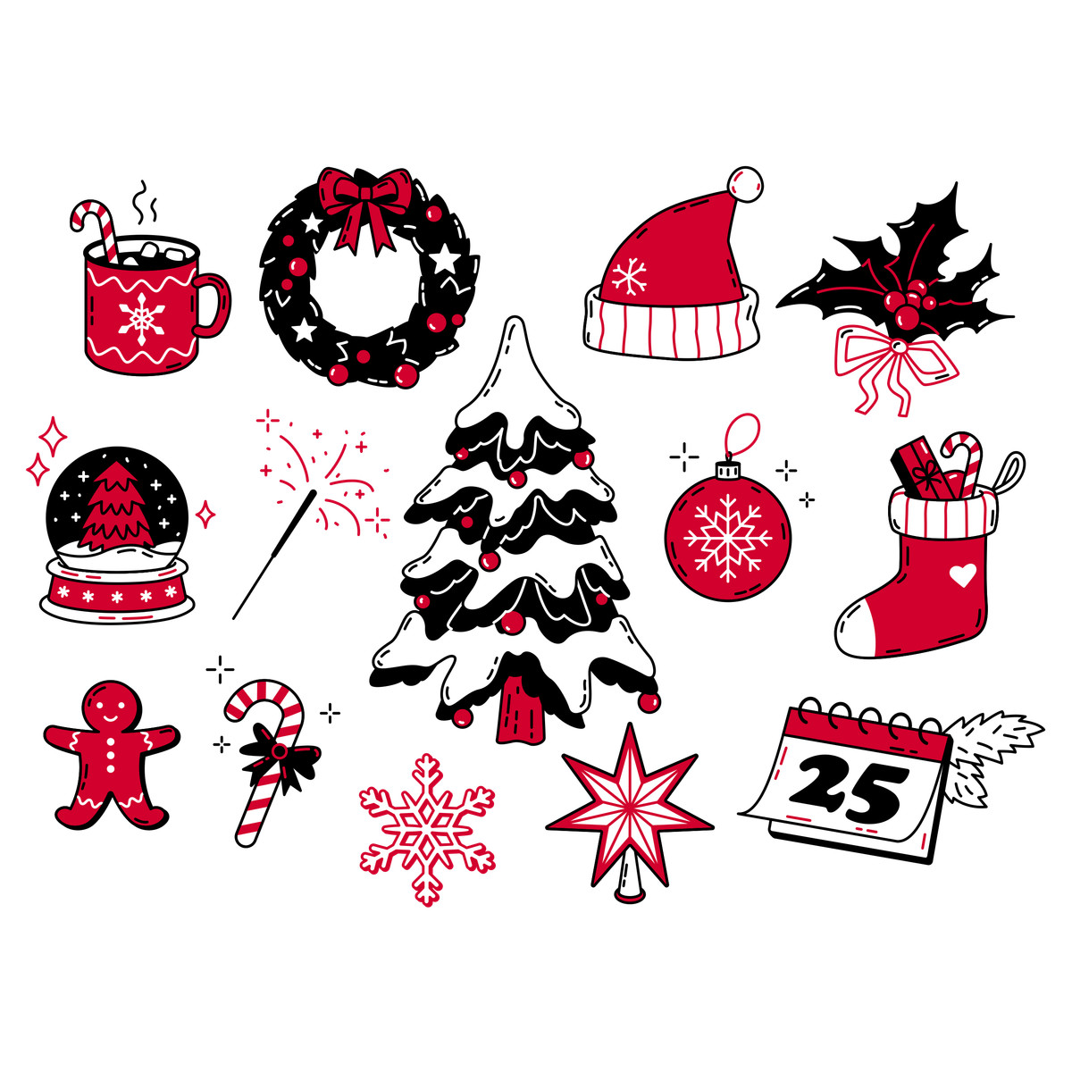 Ilustração de Artigos de natal: árvore de natal, guirlanda, chapéu de papai noel em PNG e SVG