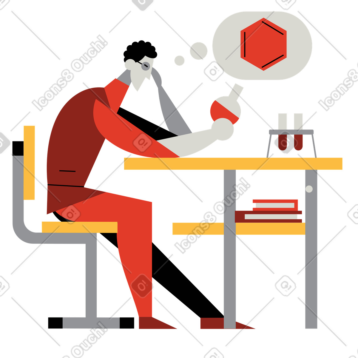 Chemist sitting and thinking with laboratory flask illustration in Burgundy style download in PNG, SVG