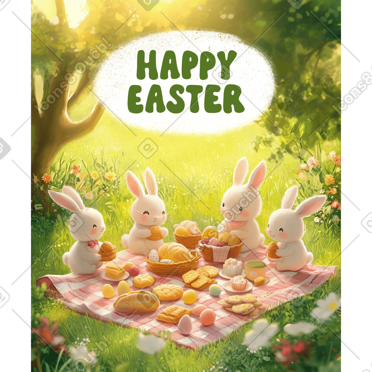 Happy Easter postcard with cute bunnies at picnic illustration in Postcards style download in PNG, SVG