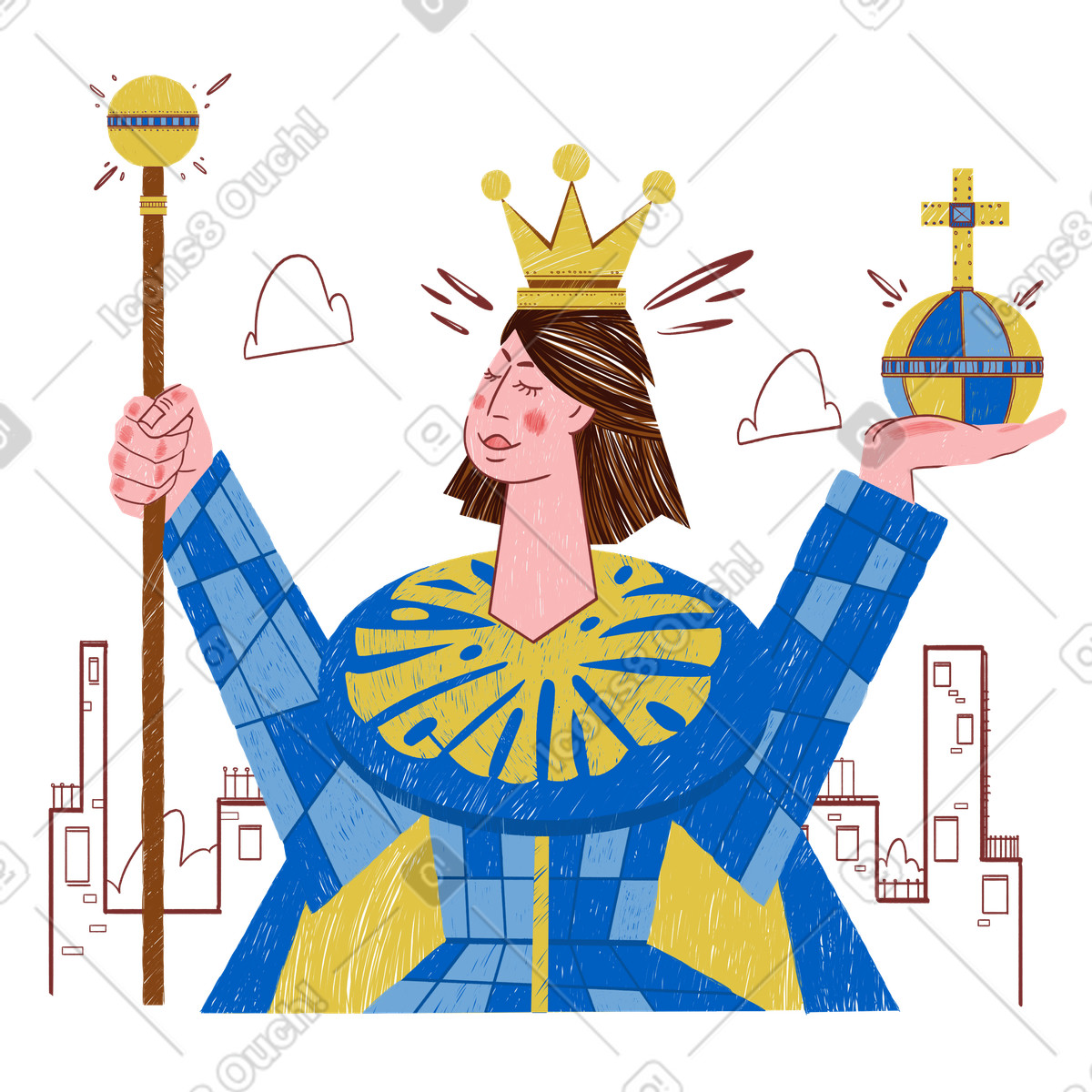 Ilustración Crowned monarch holding scepter and orb, Premium account or exclusive membership concept en estilo Sleepy a descargar en PNG y SVG