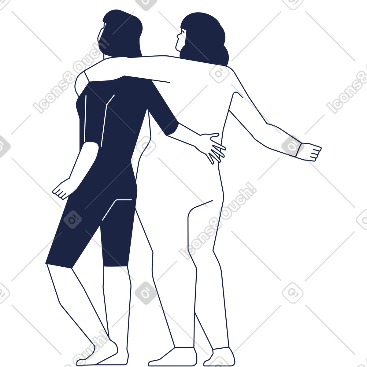 Two surfer women are standing in embrace rear view illustration Urban Line style download PNG, SVG