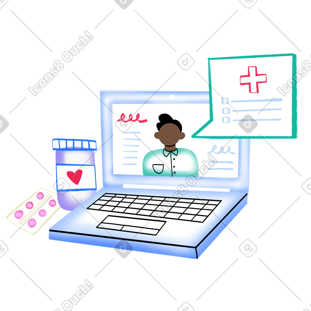 Bonny スタイルの ビデオ通話によるオンライン診療を行う医師 のイラストをPNG、SVG形式でダウンロード