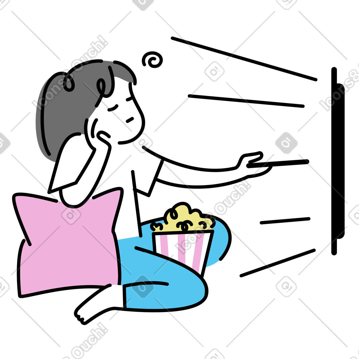 Entspannen und popcorn essen beim fernsehen, freizeit allein zu hause-Illustration im Mochi-Stil als Download in PNG, SVG