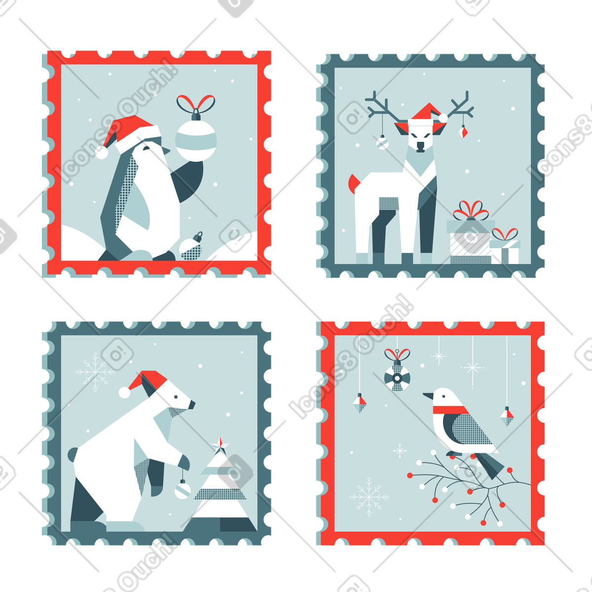 Christmas postage stamps with animals, Greeting cards and festive post illustration in Nordic style download in PNG, SVG