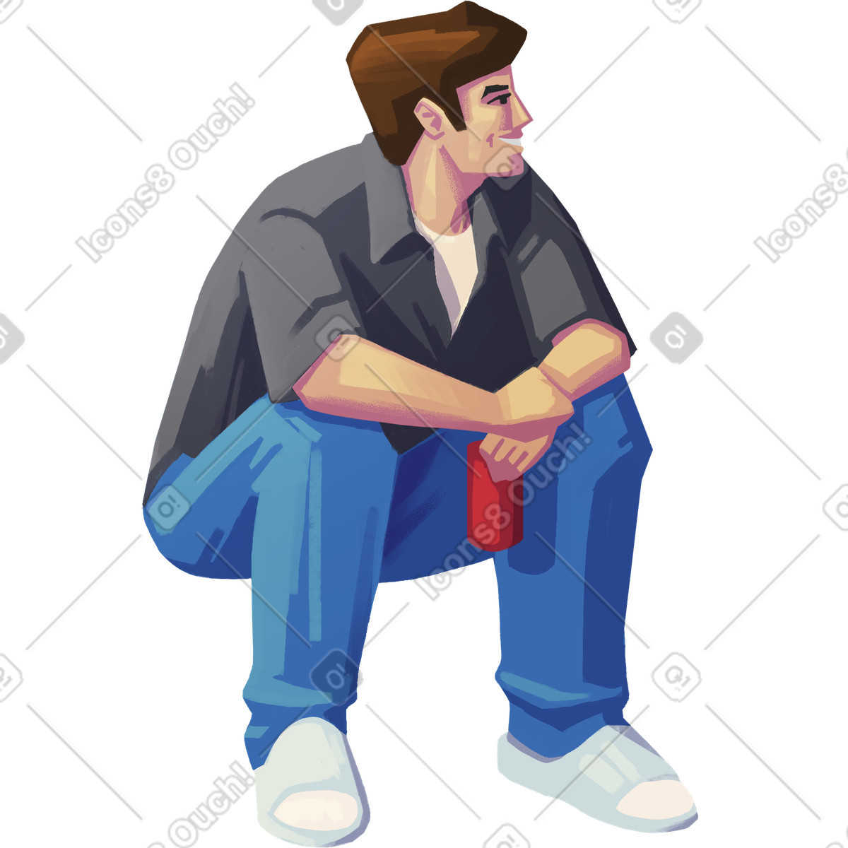 Illustration Smiling man sitting and holding a drink dans le style Lush à télécharger aux formats PNG, SVG