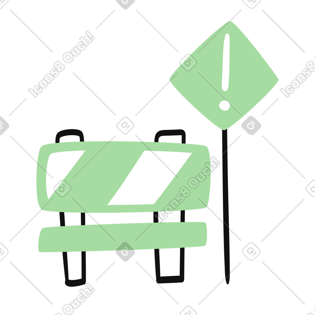 Ilustración Barrier roadblock with diagonal stripes and exclamation warning sign en estilo Organic a descargar en PNG y SVG