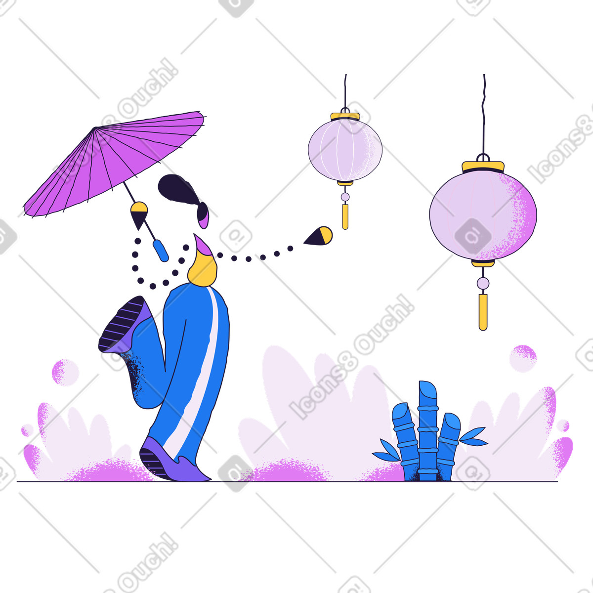 Donna con ombrello, lanterne cinesi, bambù illustrazione in stile Conifer scarica in PNG, SVG