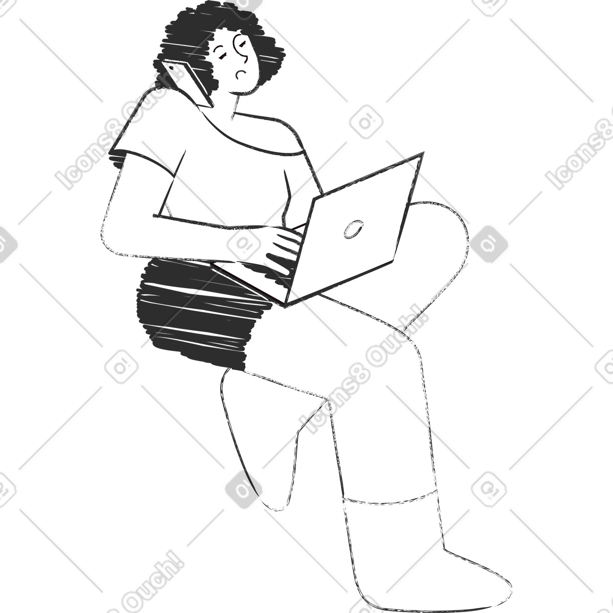 Frau mit einem laptop und telefon-Illustration im Graphite-Stil als Download in PNG, SVG