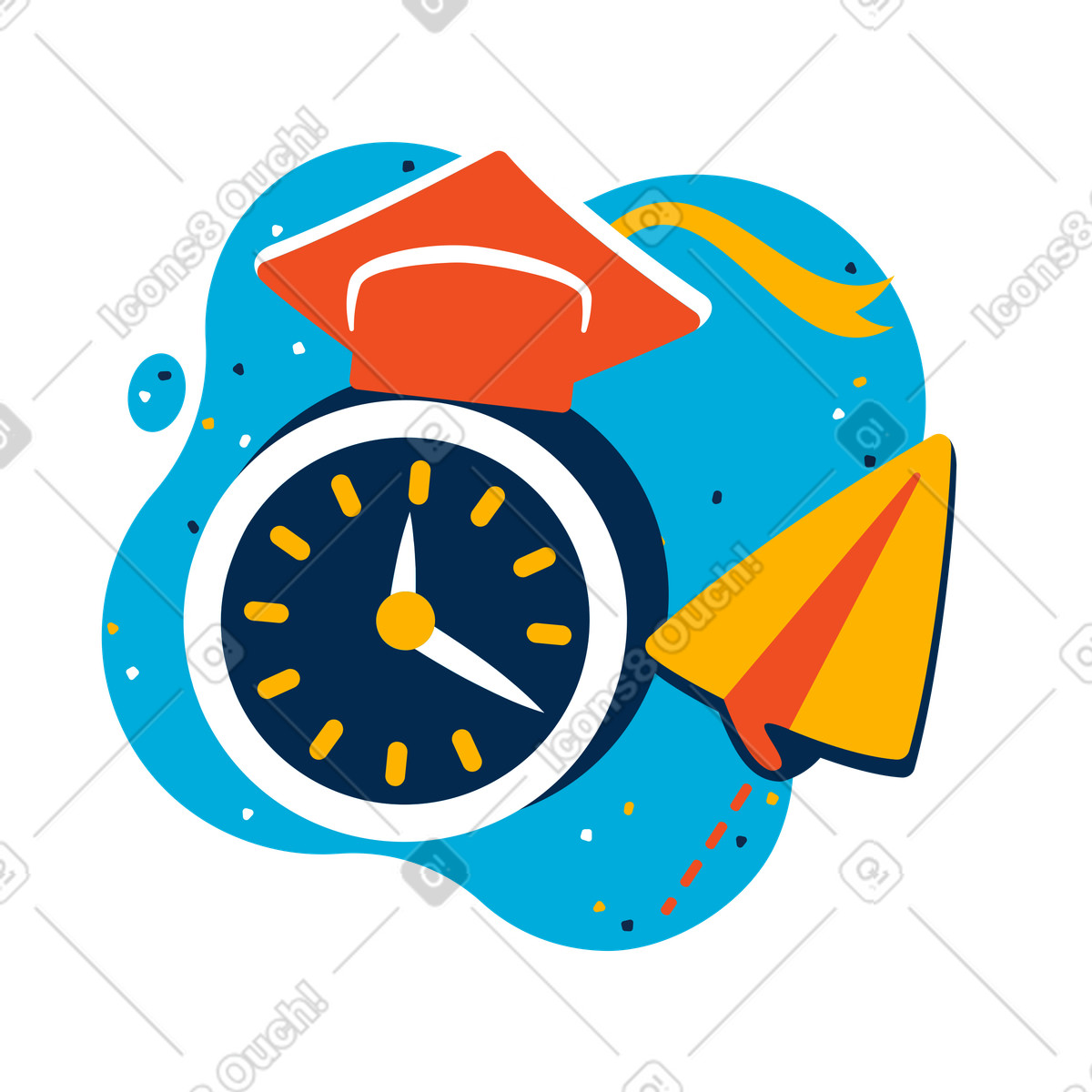 Clock with graduation cap and paper plane animated illustration in GIF, Lottie (JSON), AE