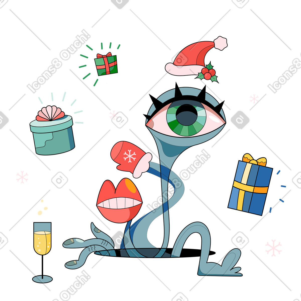 Ilustración Personaje extraño en una fiesta navideña con regalos. estilo Surr a descargar PNG y SVG
