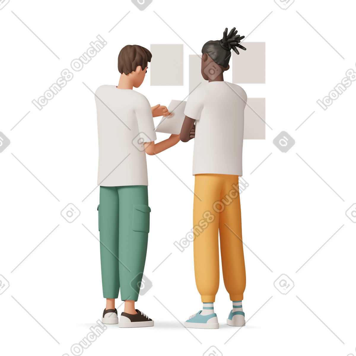 Young people sticking notes on the wall illustration in 3D Casual life style download in PNG, SVG