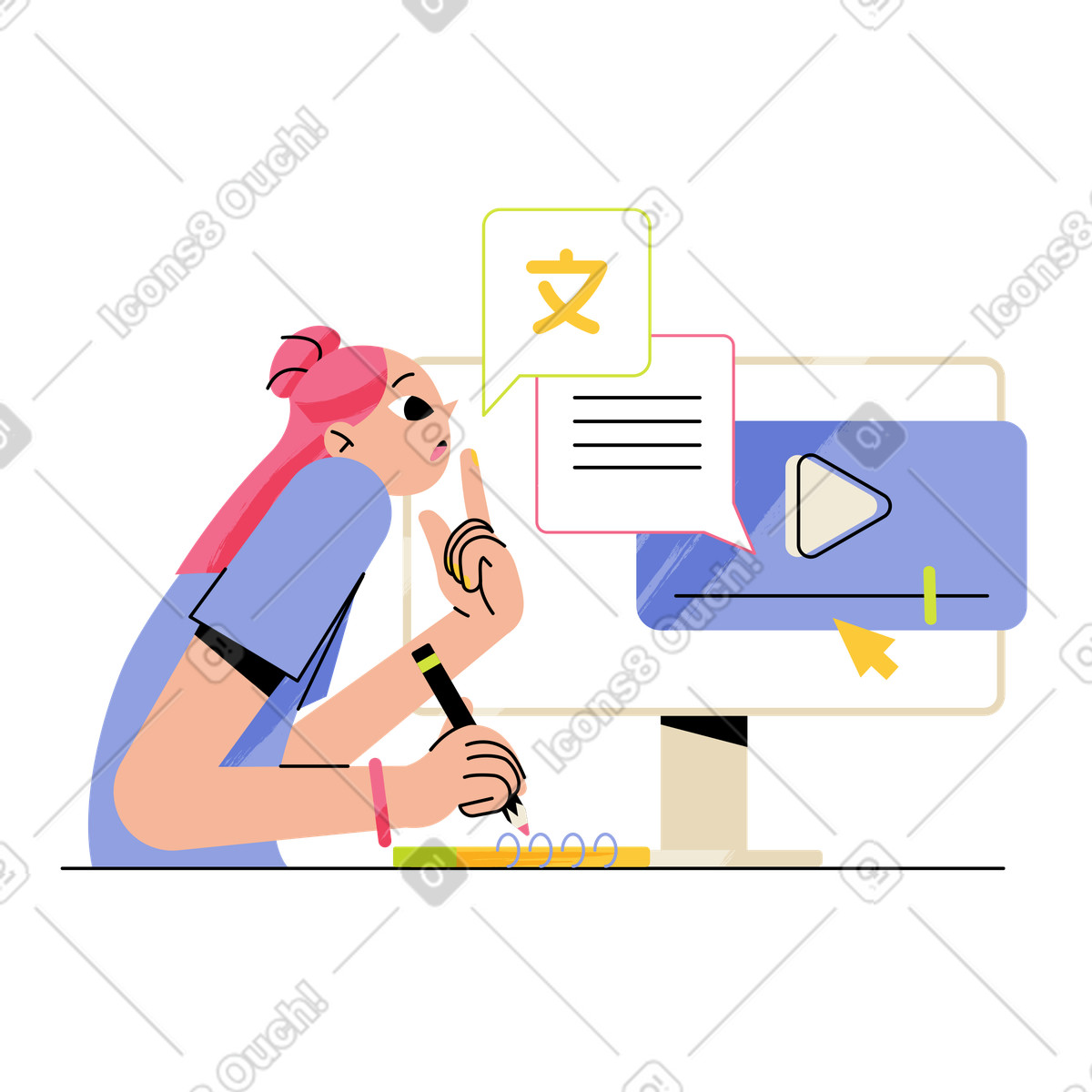 Student taking notes for online language learning lesson, Digital education platform illustration in Juicy style download in PNG, SVG