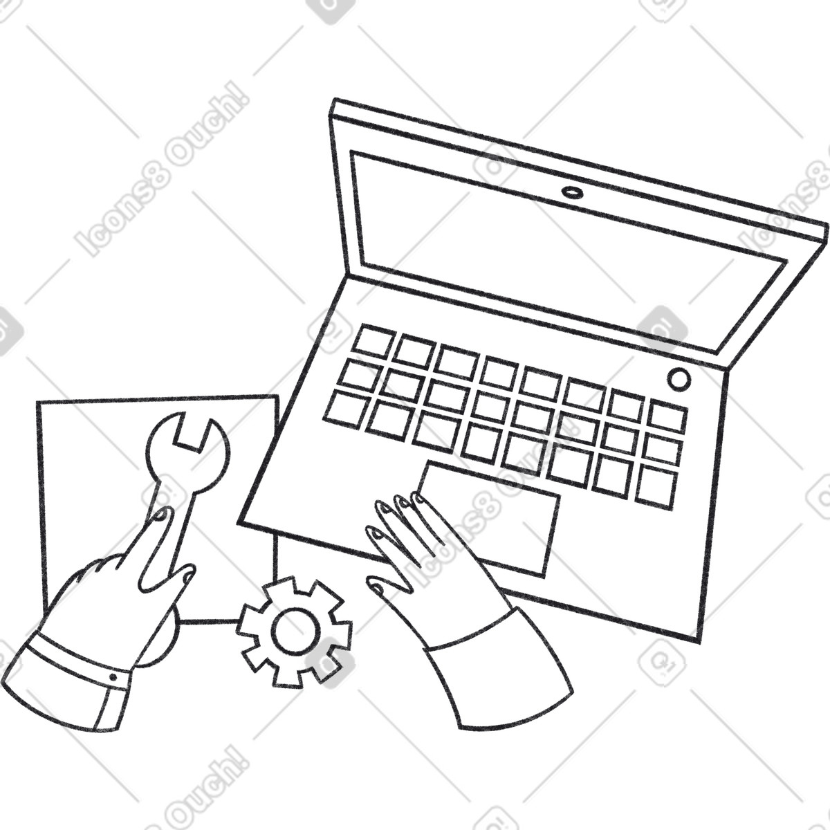Ilustración Man fixing laptop holding wrench in hand en estilo Bonbon Line a descargar en PNG y SVG