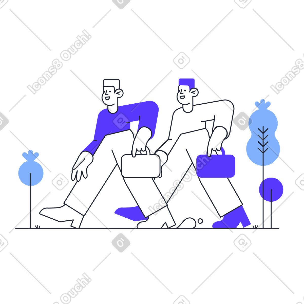 Pablita 스타일의 Workday sign out with professionals carrying briefcases outdoors 애니메이션 일러스트레이션 GIF, Lottie(JSON), AE로 다운로드