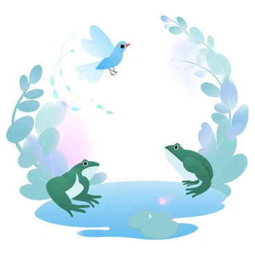 A firefly glows gently in the twilight, surrounded by dense foliage. It zigzags through the air, maneuvering skillfully to avoid a bird perched nearby, its feathers blending with the green leaves. Below, a frog sits on a lily pad at the edge of a small pond, its body poised and ready to leap. The firefly's light casts a soft glow against the shadows of the plants around it. The background is filled with a gradient of pastel colors, evoking the transition from day to night.
