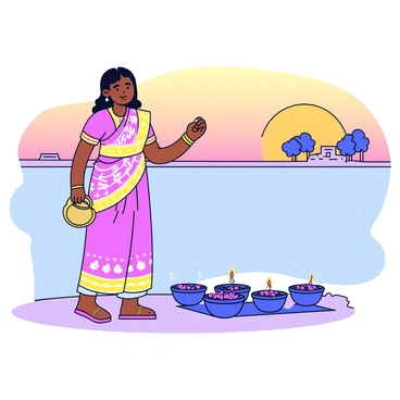 An Indian lady dressed in a vibrant saree with intricate patterns is standing by the Ganges river during early morning. She is holding a small brass pot in one hand and a handful of flower petals in the other. The river flows gently beside her, reflecting the soft light of the rising sun. A few traditional clay lamps are arranged neatly on a small cloth laid on the ground. The sky is painted with shades of orange and pink, indicating the dawn. In the background, there are a few trees and faint outlines of distant buildings, adding to the tranquil setting.