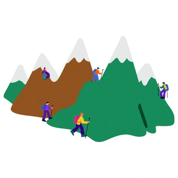 A range of mountains with jagged peaks illustrated using bold lines and vibrant colors. The mountains feature shades of green and brown, with snowy white caps at the highest points. Tiny characters, dressed in colorful hiking gear, are seen climbing the slopes of the mountains. Some characters are carrying backpacks, while others are using trekking poles. The scene conveys a sense of adventure as they navigate the rocky terrain.