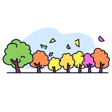 A landscape showcasing a transition from summer to autumn. On the left side, lush green trees are abundant with vibrant foliage. As the view extends to the right, the trees gradually transform into shades of orange, red, and yellow. Colorful leaves are depicted as falling gently from the trees, scattering across the ground. The sky is clear with a soft blue hue, completing the peaceful autumn atmosphere.