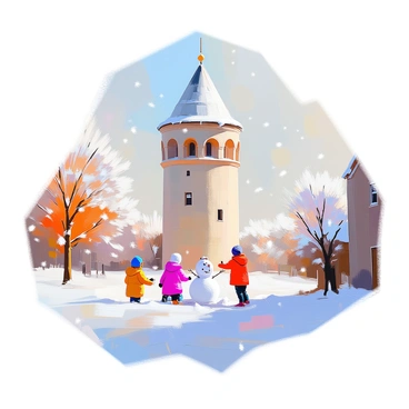 A view of the "Galata Tower" standing majestically amidst a landscape covered in snow. The tower, with its stone structure and distinctive conical roof, rises prominently against a backdrop of soft, falling snowflakes. In the foreground, there is a picturesque winter wonderland featuring snow-laden trees and a white blanket covering the ground. A few children can be seen playing, building a snowman, and throwing snowballs, their colorful winter coats contrasting with the pure white snow. The scene captures the essence of winter joy, with the iconic tower providing a striking focal point.