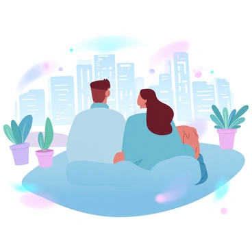A man and a woman are sitting on a rooftop, surrounded by soft blankets. The man is wearing a cozy sweater and the woman is in a casual jacket, both looking relaxed. They are gazing at a vibrant city skyline illuminated by colorful digital art lights. The skyline features tall buildings with glowing windows and neon signs that add to the lively atmosphere. A few potted plants are scattered around them on the rooftop, enhancing the cozy feeling of their setting.
