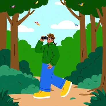 A person wearing a green jacket and a brown hat is walking quietly through a dense forest. The ground is covered with leaves and small twigs, creating a natural carpet. The person is holding a pair of binoculars close to their face, concentrating on the trees above. Sunlight filters through the canopy, casting dappled light on the forest floor. Various birds can be seen in the branches, with vibrant colors that stand out against the greenery. The person is surrounded by tall trees with thick trunks and a variety of lush plants and shrubs.