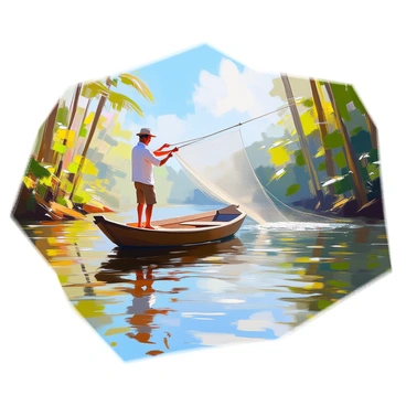 A local fisherman with sun-kissed skin and wearing a simple white shirt is standing at the edge of a sturdy wooden boat. He is in the process of casting a fishing net into the flowing waters of the Amazon River. The river's surface reflects the vibrant greens of the surrounding rainforest as well as the blue sky above. The boat is anchored among lush foliage, with tall trees and dense vegetation lining the riverbanks. The fisherman appears focused and skilled, his arms extended as the net unfurls gracefully into the water below. Small ripples form around the net as it descends, capturing the essence of a peaceful yet industrious moment on the river.