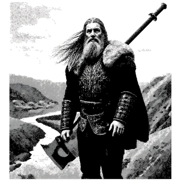 A wise Viking chieftain is standing prominently on a rugged cliff. He has long, flowing hair and a thick beard, both intricately braided. His stern expression reveals a fierce gaze directed towards the valley below. He wears traditional Viking armor adorned with detailed patterns and carries a large axe strapped to his back. The wind is gently whipping through his beard and clothing, adding a sense of movement to the scene. In the valley beneath, there are rolling hills and a winding river, extending into the distance. The sky above is filled with clouds, creating a dramatic backdrop.