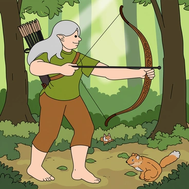An elven huntress with long, flowing silver hair is quietly navigating through a dense forest. She has pointed ears and wears a form-fitting green tunic and brown leggings that blend seamlessly with her surroundings. Her feet are bare, silently moving over the forest floor, which is covered in a mix of leaves and soft moss. She carries a sleek bow in her right hand, its surface intricately carved with delicate patterns. In her left hand, she holds a quiver filled with arrows that peeks out from her back. Sunlight filters through the leaves above, creating dappled patterns on the ground, highlighting her focused expression as she zeroes in on her target. Tiny woodland creatures, such as squirrels and birds, watch her intently from their hiding spots.