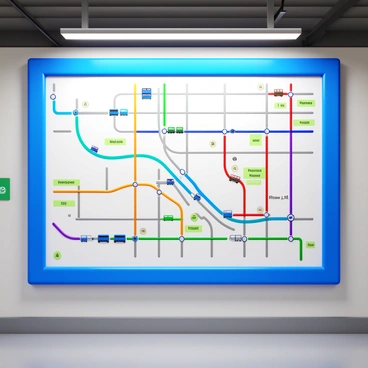A large, detailed map mounted on the wall of a garage. The map features vibrant colors to represent various city bus routes, with clear, bold lines indicating the paths. Each route is labeled with "Route Number" and color-coded for easy identification. The map includes markers for bus stops, with small icons depicting buses at various points along the routes. The overall composition is arranged neatly, ensuring all elements are clearly visible against the backdrop of the garage's interior.