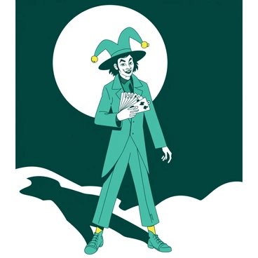 A teal joker stands confidently under a large white full moon that illuminates the night sky. The joker is dressed in a colorful outfit, complete with a pointed hat adorned with bells, and his face is painted with an enigmatic expression. In his right hand, he holds a fanned-out deck of cards, showcasing various suits and symbols. Shadows stretch around him on the ground, creating a sense of intrigue and depth in the dark environment. The moonlight casts a subtle glow on the joker, emphasizing the playful yet mysterious nature of his presence.