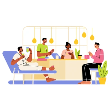 A group of diverse individuals with various body types is gathered in a bright and cheerful spa setting. One person is lounging on a comfortable chaise longue, wearing a soft white robe and sipping a refreshing cucumber-infused water from a glass. Another person is seated at a manicure station, where a nail technician is painting bright pink nail polish on their fingers. In the background, a third individual is receiving a soothing massage from a therapist. The atmosphere is filled with colorful plants and candles, enhancing the relaxing ambiance. The characters are smiling and engaging with one another, showcasing a sense of community and enjoyment in their spa day.