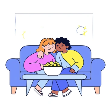 Two best friends sitting on a comfortable sofa in a cozy living room. They are leaning against each other, watching a movie on a screen in front of them. A large bowl of popcorn is placed on a small table in front of them. Both friends are wrapped in soft, colorful blankets. The room is softly lit, creating a warm and inviting atmosphere.