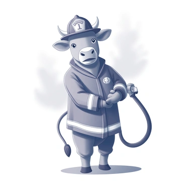 A heroic cow wearing a firefighter's uniform, complete with a helmet. The cow stands confidently on two hooves, grasping a fire hose tightly with its front hooves. The uniform features reflective strips and a badge on the chest. The backdrop hints at a scene of urgency, with faint outlines of smoke rising from an area, suggesting the need for firefighting. The cow's expression is determined and focused, embodying bravery in the face of danger. The hose is curled at its base, ready for action, and the overall composition emphasizes the cow's readiness to fight a fire.