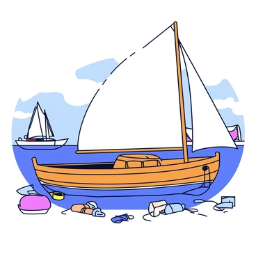 A vintage wooden boat is positioned in a sunny marina, showcasing its classic design. The boat is partially restored, with polished wood gleaming under the sunlight. A set of crisp white sails is being unfurled, catching the gentle breeze. The marina is dotted with a few other boats in the background, with calm blue water reflecting the clear sky. Various tools and materials for restoration are scattered around the boat, emphasizing the care being taken in the restoration process.