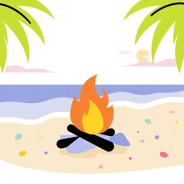 A campfire with bright orange flames flickering sits in the center of a sandy beach. The sandy surface is scattered with small rocks and seashells. In the background, waves gently lap at the shore, creating a rhythmic motion. The sky above is painted with soft pastel colors of a setting sun, casting a warm glow over the scene. Silhouettes of palm trees sway lightly in the breeze, framing the campfire as a cozy focal point.