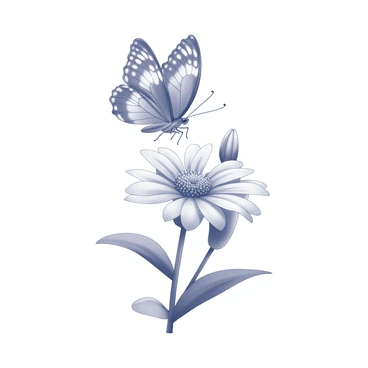 A butterfly with intricately patterned wings is in mid-flight, gracefully fluttering above a fully bloomed flower. The butterfly's wings are spread wide, showcasing various designs and shapes. Below, the flower has multiple vibrant petals extending outward, with a detailed center that shows the stamens and pollen. The scene captures the motion of the butterfly as it hovers, with a slight blur effect to indicate its fluttering movement. The background features soft outlines of leaves and additional flowers, enhancing the overall composition of nature.