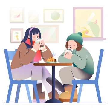 Kaede, a girl with long black hair and a cozy red scarf, is sitting at a small wooden table in a quaint café. She is holding a steaming cup of hot chocolate topped with whipped cream. Beside her is Suzu, a girl with short brown hair wearing a green beanie. She is also sipping from her own cup of hot chocolate. On the table, there is an assortment of pastries, including a flaky croissant and a chocolate danish, displayed on a delicate white plate. The café has warm lighting, and the walls are adorned with framed artwork, creating a cozy atmosphere.
